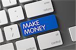 Make Money Concept Slim Aluminum Keyboard with Make Money on Blue Enter Button Background, Selected Focus. 3D Render.