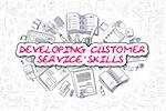 Cartoon Illustration of Developing Customer Service Skills, Surrounded by Stationery. Business Concept for Web Banners, Printed Materials.