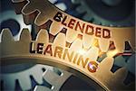 Blended Learning on Golden Metallic Cog Gears. Golden Metallic Cog Gears with Blended Learning Concept. 3D Rendering.