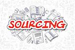 Sourcing - Sketch Business Illustration. Red Hand Drawn Word Sourcing Surrounded by Stationery. Cartoon Design Elements.