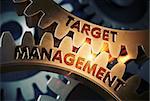 Target Management - Industrial Illustration with Glow Effect and Lens Flare. Target Management on the Mechanism of Golden Gears with Glow Effect. 3D Rendering.