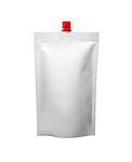 White plastic pouch stand up bag, doy-pack with a corner batcher lid