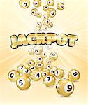 Illustration Gold Bingo balls fall randomly on pink background. Jackpot in gold letters. Lottery Number Balls. Golden balls. Bingo ball. Bingo golden balls with numbers. Realistic illustration.