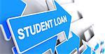 Student Loan, Inscription on Blue Pointer. Student Loan - Blue Arrow with a Label Indicates the Direction of Movement. 3D Illustration.