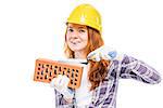 woman builder with a brick in a yellow hard hat against a white background