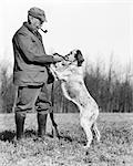 1920s SENIOR MAN HUNTER WITH SHOTGUN LETTING ENGLISH SETTER DOG SMELL BIRD