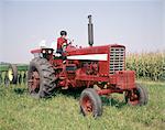 1970s WOMAN FARM WIFE DRIVING FARM TRACTOR PULLING HAY RAKE TUSCOLA ILLINOIS USA