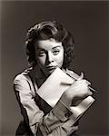 1950s 1960s OVERWORKED WOMAN SECRETARY STENOGRAPHER OFFICE WORKER LEANING CHIN ON STENO PAD AND PENCIL LOOKING AT CAMERA