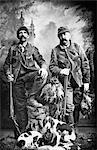 1890s TWO MEN HUNTERS LOOKING AT CAMERA POSED WITH BRACE OF BIRDS DOGS AND SHOTGUNS TURN OF THE 120TH CENTURY