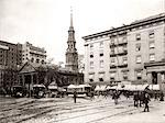 1800s 1890s 1900s NYC HORSE DRAWN STREET CAR TROLLEYS AT SAINT PAUL'S CHAPEL BUILT IN 1766 NEW YORK CITY USA