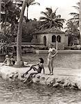 1930s 1940s 2 WOMEN BATHING SUITS SANDALS BY EDGE OF VENETIAN POOL CORAL GABLES FLORIDA