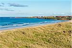 Grassy dunes and beach along the North Sea with the town of Seahouses in the background in Northumberland, England, United Kingdom