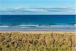 Grassy sand dunes and beach along the shores of the village of Seahouses at the North Sea in Northumberland, England, United Kingdom