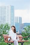 Portrait of young Japanese woman in a city park, Tokyo, Japan