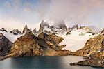 Low cloud over  Fitz Roy mountain range and Laguna de los Tres in Los Glaciares National Park, Patagonia, Argentina