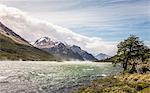 Misty river in mountain valley in Los Glaciares National Park, Patagonia, Argentina