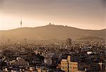 Elevated cityscape view to Tibidabo from Montjuic, Barcelona, Spain