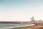 View of beach and coastline, Barcelona, Spain