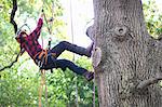 Trainee teenage male tree surgeon climbing up tree trunk