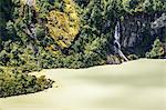 Detail of rocky cliffs and Lake Verde, Queulat National Park, Chile