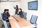 Businessman and businesswomen in meeting room, businesswoman, standing at front, explaining business strategy