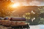 Tourist boats on Lake Bled waterfront, Slovenia