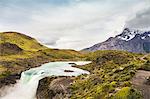 Waterfall in mountain landscape, Torres del Paine National Park, Chile