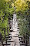 Female hiker crossing dangerous wooden footbridge at Cajon del Azul near El Bolson, Patagonia, Argentina