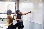 Two women in office, solving problem, using whiteboard, sticky notes stuck on whiteboard