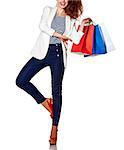 Shopping. The French way. Full length portrait of smiling young woman with shopping bags on white background