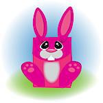 Cartoon trendy style cute laughing bunny mascot with big pink gift box icon. Simple gradient  illustration.