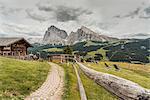 Alpe di Siusi/Seiser Alm, Dolomites, South Tyrol, Italy. View from the Alpe di Siusi to the peaks of Sassolungo/Langkofel and Sassopiatto / Plattkofel with Rauch Hutte on the left