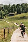 Alpe di Siusi/Seiser Alm, Dolomites, South Tyrol, Italy. Biker on the path.