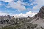 Sesto/Sexten, Dolomites, South Tyrol, province of Bolzano, Italy. The panorama from Forcella Lavaredo on Refuge Locatelli, Torre di Toblin, Torre dei Tre Scarperi and Croda dei Baranci