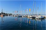 Row of boats and colorful European flags in the harbor marina on Lake Garda (Lago di Garda) at Bardolino in Veneto, Italy