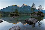 Lake Hintersee with mountains at sunset at Ramsau in the Berchtesgaden National Park in Upper Bavaria, Bavaria, Germany