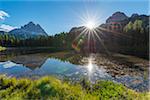 Tre Cime di Lavaredo and Lago Antorno with morning sun at Misurina in the Gruppo dei Cadini in Veneto, Italy