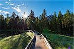 Lago Antorno with boardwalk and morning sun at Misurina in the Gruppo dei Cadini in Veneto, Italy