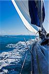 Close-up of deck of sailboat, sailing around the Whitsunday Islands in Queensland, Australia