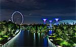 Blue ferris wheel and Supertree Grove on Marina Bay waterfront at night, Singapore, South East Asia