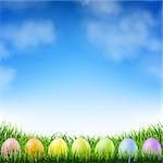 Blue Sky And Easter Eggs With Gradient Mesh, Vector Illustration