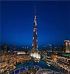 View of illuminated Burj Khalifa skyscraper at dusk, Dubai, United Arab Emirates.