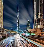 Cityscape of Dubai, United Arab Emirates at dusk, with skyscrapers, illuminated Burj Kalifa in the centre.