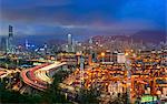 Aerial view of Hong Kong at dusk.