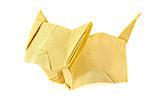 Yellow cat of origami, isolated on white background.