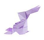 Violet easter bunny of origami, isolated on white background.