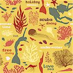 Seamless pattern with silhouette of free divers, divers, corals and underwater creatures. Vector sea wallpaper.