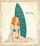 Young woman in blue bikini and surfboard. Vector in pin up style. Retro card.