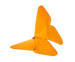 Orange butterfly of origami, isolated on white background.