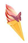 Fruit pink and vanilla ice-cream in waffle cone with purple butterfly, isolated white background.